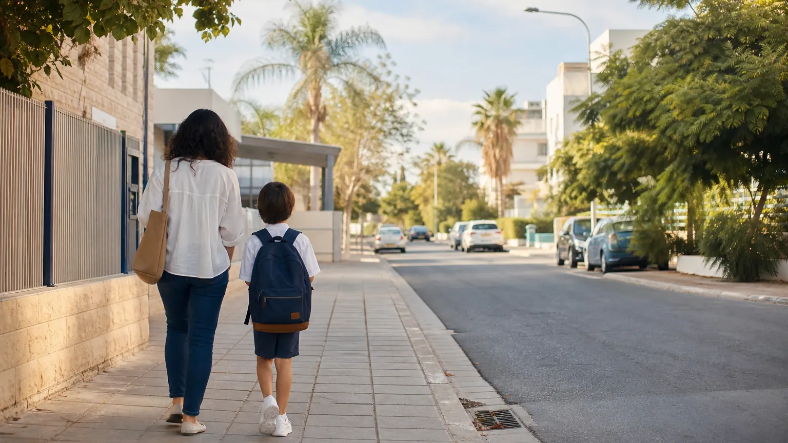 Elternteil und Kind auf dem Weg durch eine schattige Straße in Zypern nahe einer Schule