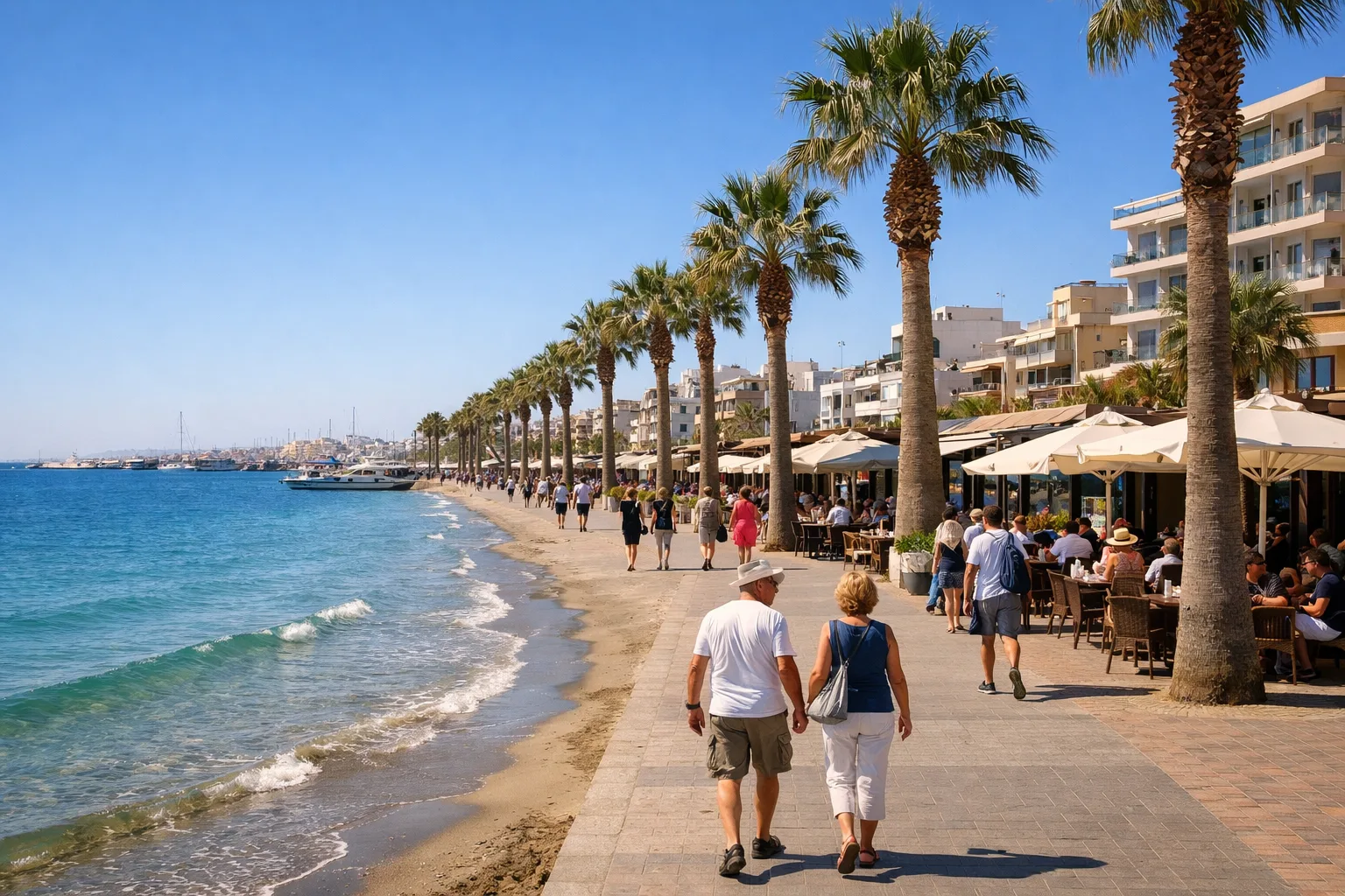 Blick auf die Strandpromenade von Larnaca mit Palmen, blauem Meer und Cafés bei klarem Himmel