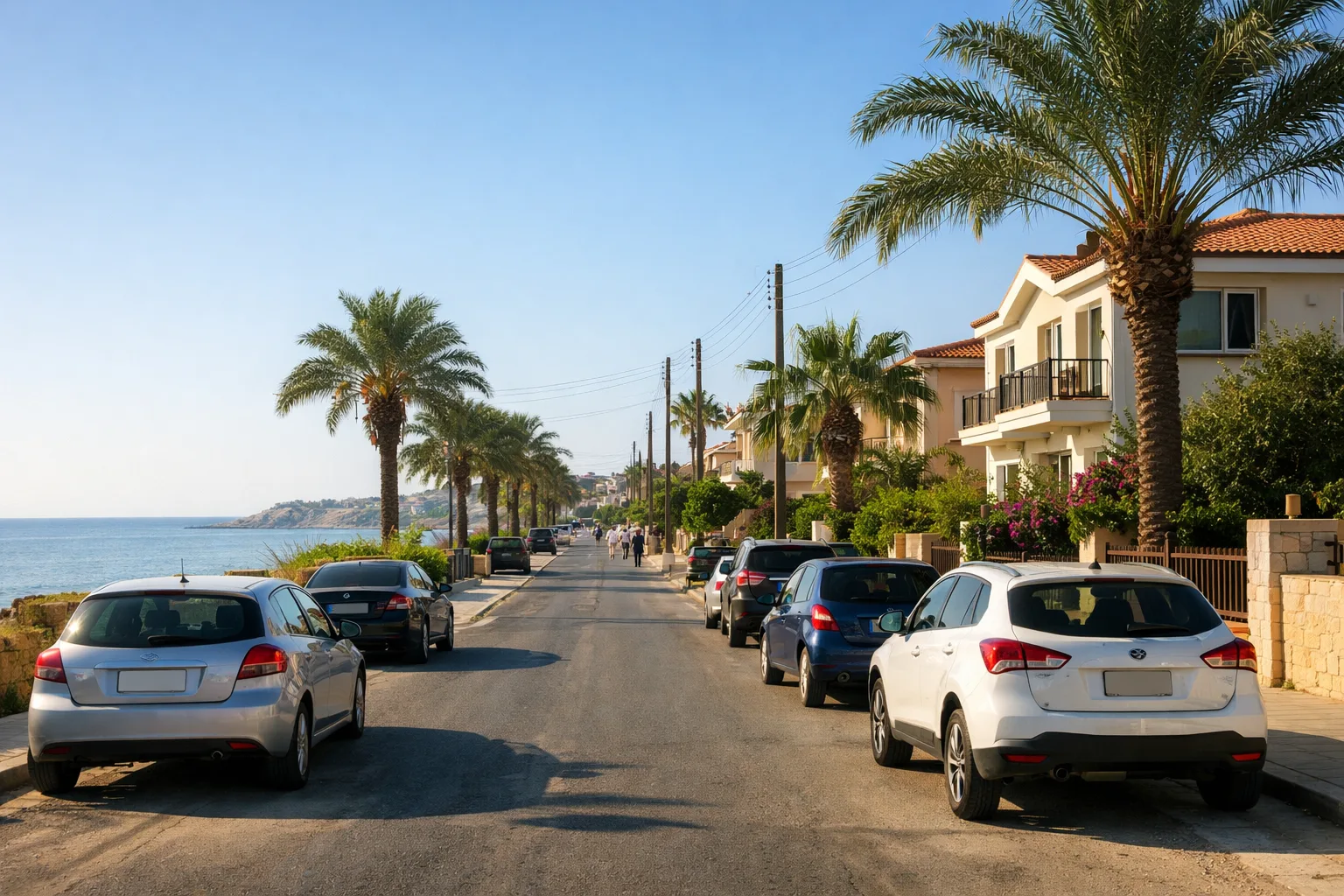 Sonnige Straße an der Küste Zyperns mit Wohnhäusern, geparkten Autos und Palmen, klare Morgenszenerie