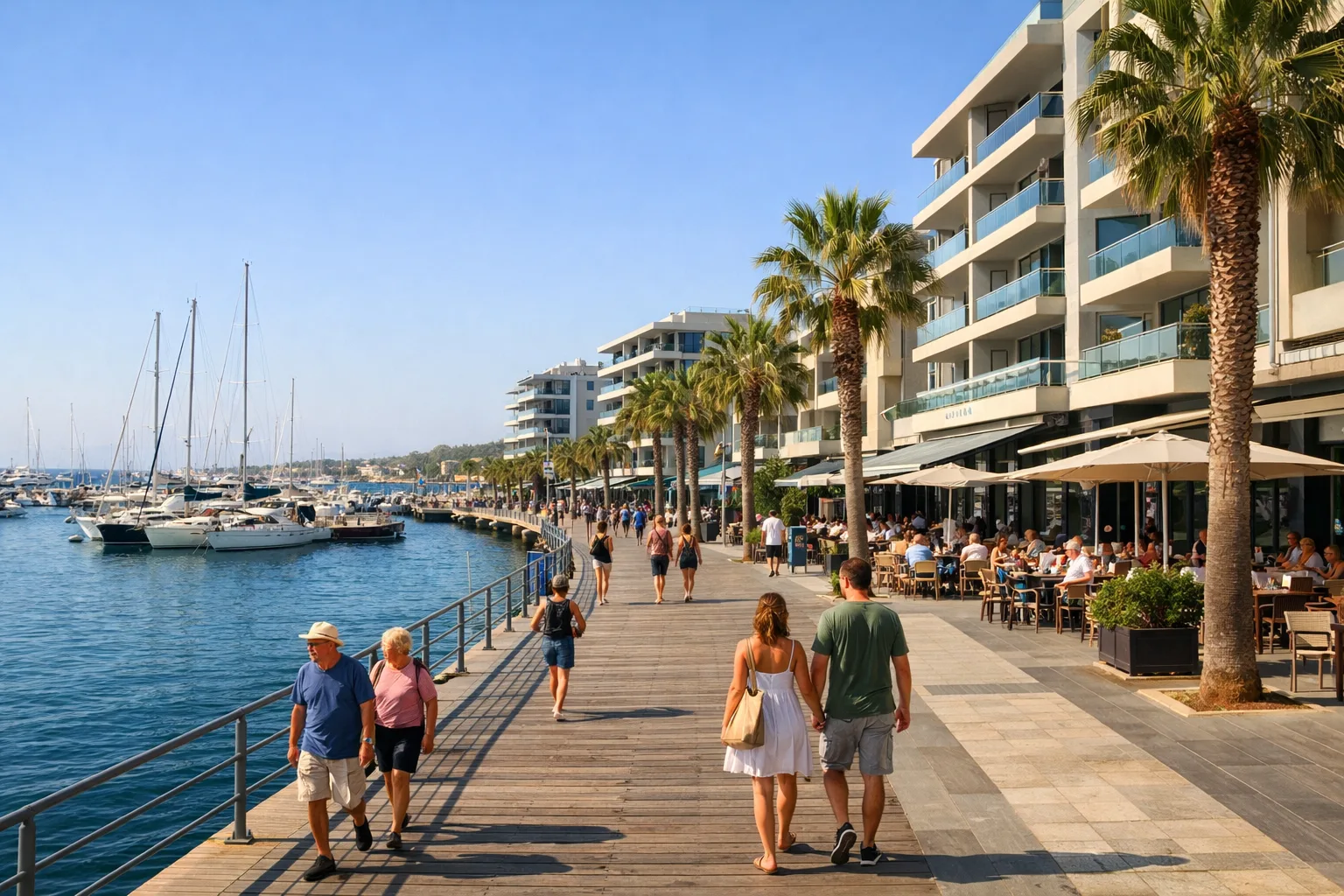 Hafenpromenade von Limassol mit modernen Gebäuden, Promenade, Passanten und Meer im Hintergrund