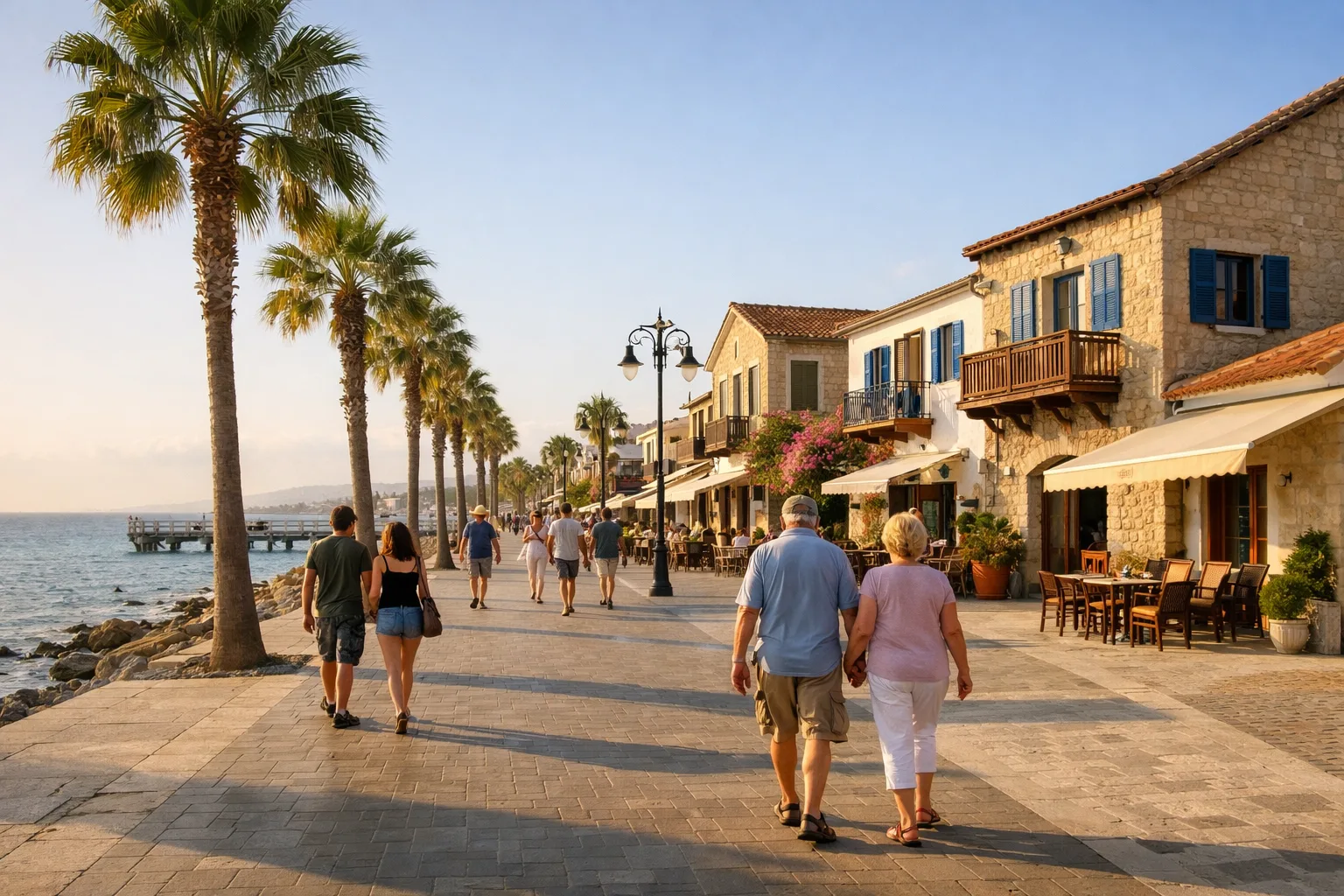 Strandpromenade in Zypern mit Palmen, Häusern im Hintergrund und Menschen beim Spaziergang an sonnigem Tag