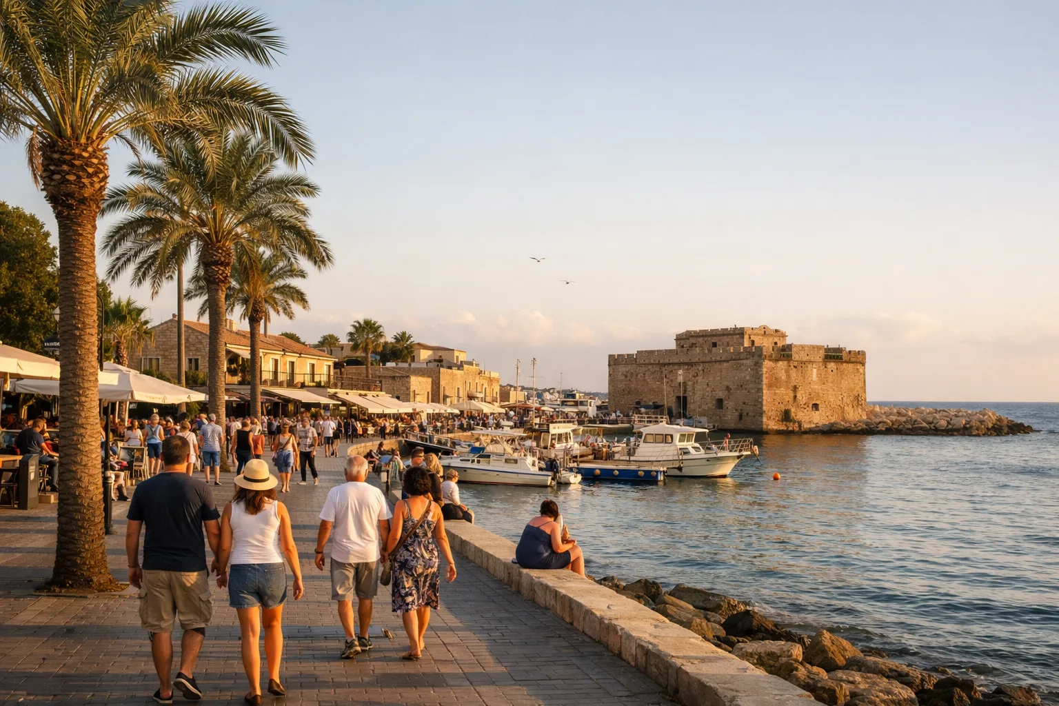 Blick auf den Hafen von Paphos mit Promenade, Palmen und Passanten bei spätem Nachmittagslicht
