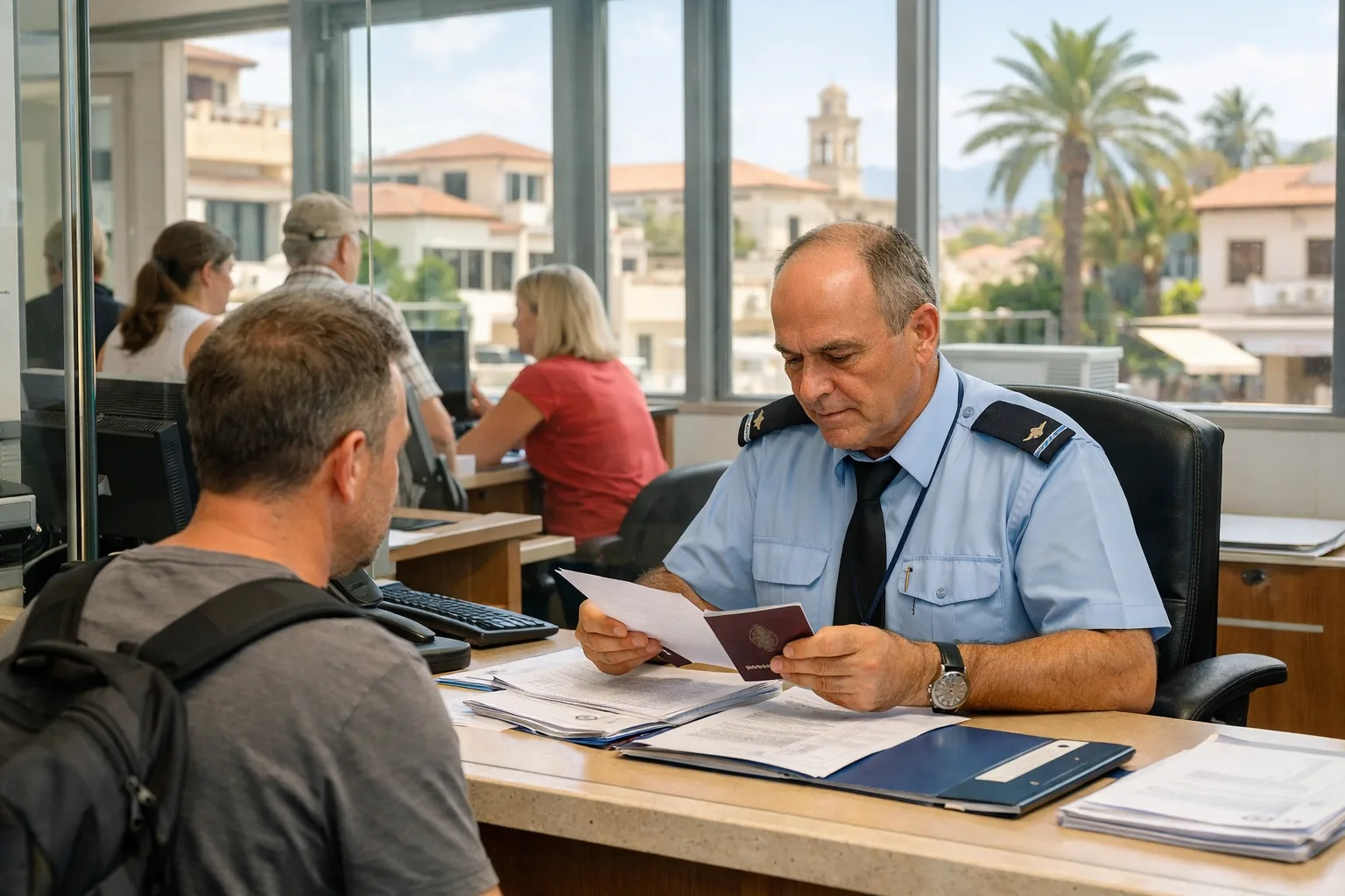 Bediensteter im Einwanderungsamt auf Zypern überprüft Unterlagen eines Auswanderers an einem Schalter, mediterraner Hintergrund