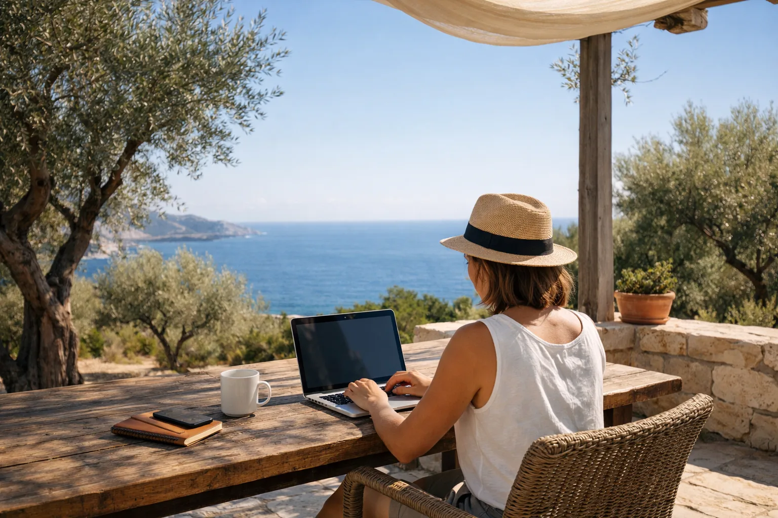 Selbstständige Person arbeitet mit Laptop auf einer sonnigen Terrasse in Zypern mit Blick auf Mittelmeer und Olivenbäume