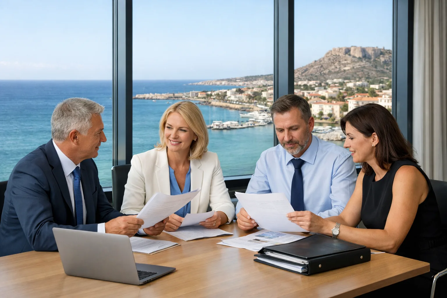 Bürogebäude an der Küste Zyperns mit Geschäftsleuten im Vordergrund und Blick aufs Meer