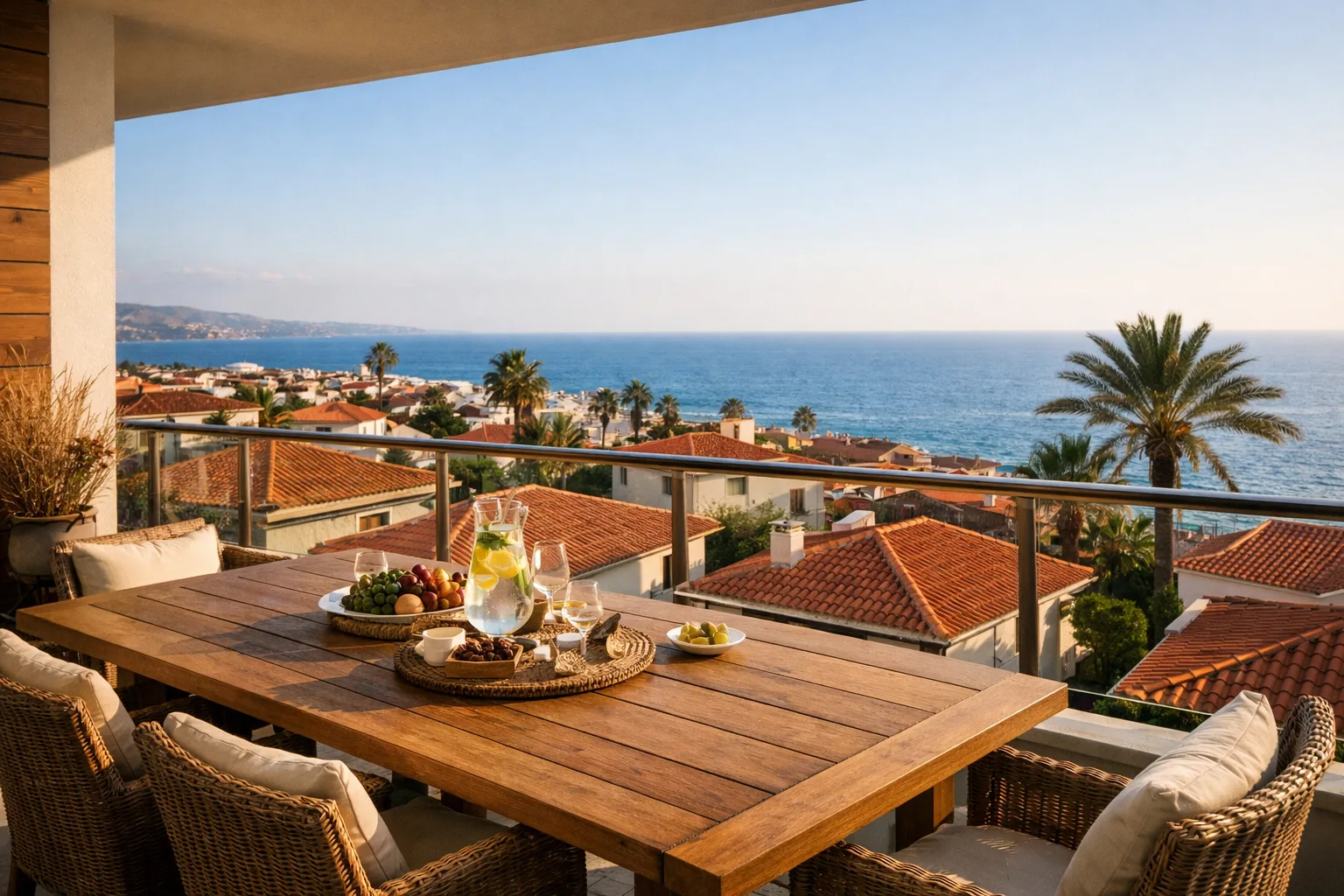 Balkon einer mediterranen Wohnung auf Zypern mit Blick auf das Meer, Dachterrassen und Palmen bei klarem Himmel