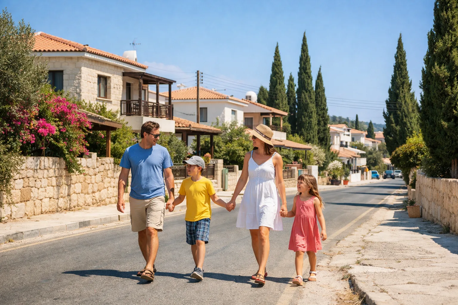 Familie mit zwei Kindern läuft an einer sonnigen Straße in Zypern vorbei, im Hintergrund mediterrane Häuser und Zypressen